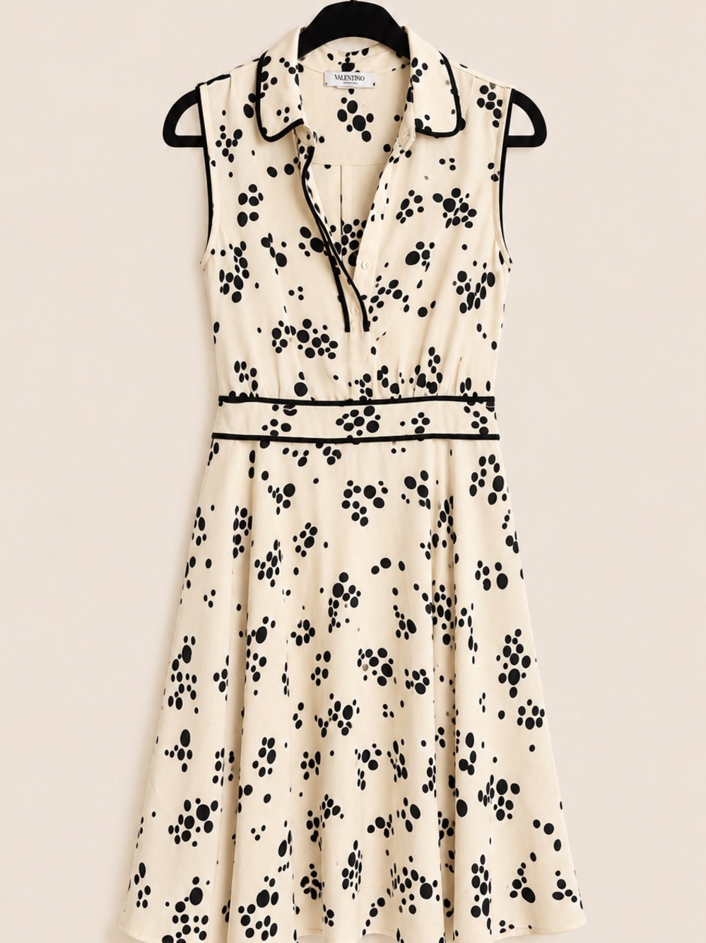 Valentino Cream and Black Polka Dot Sleeveless Fit-and-Flare Dress
